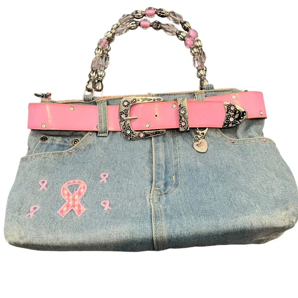 Y2K Denim Handbag Womens‎ Blue Pink Belted Beaded McBling Western Purse Jeans